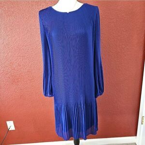 Dkny Blue Sheath Dress with Long Bishop Sleeves for Wedding Guest